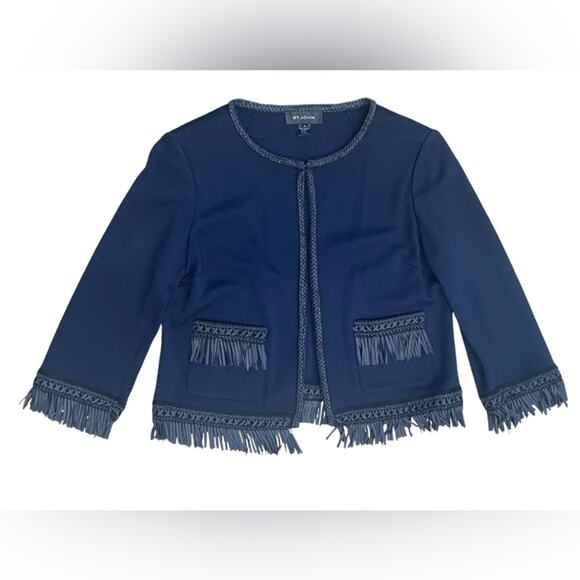 St. John Navy Blue Wool Blend Fringe 3/4 Sleeve Blazer Jacket- EUC- Size‎ 10 - Picture 5 of 11